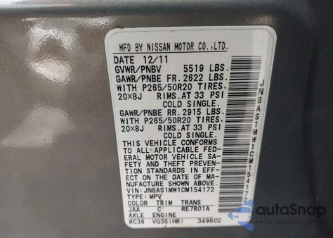 2012 Infiniti Fx35 from USA, damaged, VIN JN8AS1MW1CM154172